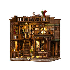 Wooden DIY mini house model: multi-level library hall with warm lights and stairs