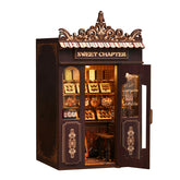 Mini shop dollhouse kit, dark brown storefront with arched doors and lit display shelves
