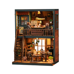 Two-story DIY mini house restaurant with wooden ladder, tables, and bear figurines