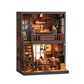 DIY mini house restaurant set with two-story wooden facade and small bear figurines