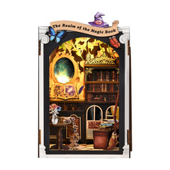 DIY miniature book nook kit with open front showing shelves and arched doorway