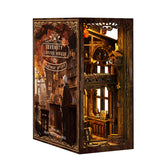 DIY book nook kit with a miniature dark wood Serenity Coffee House front panel