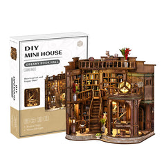 DIY mini house kit box and assembled miniature library hall with lit shelves and stairs