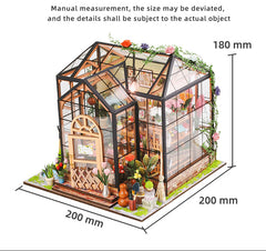 Mini greenhouse dollhouse kit with floral roof, glass walls; size diagram shows 200x180x180 mm.