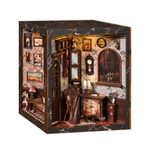 Miniature musical instrument display box with door, lamp, and cabinet, 3/4 front view