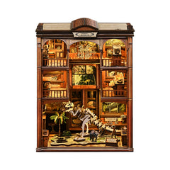 DIY miniature kit building with arched storefronts, multi-room interior, and dinosaur skeleton