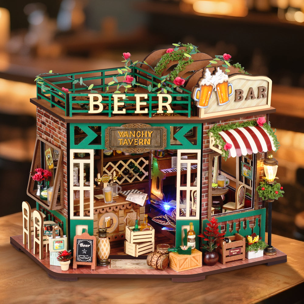 Miniature dollhouse beer bar kit with brick facade, green beams, and entry doors