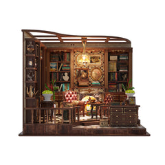 DIY mini house kit front view of furnished wooden study room with fireplace, cabinets, and lamp