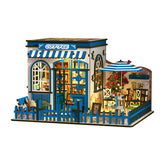 DIY miniature coffee shop house kit, blue-and-white striped awning, fenced courtyard