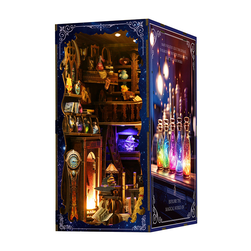 Open book nook house kit with illuminated dark-blue interior shelves and glowing bottles