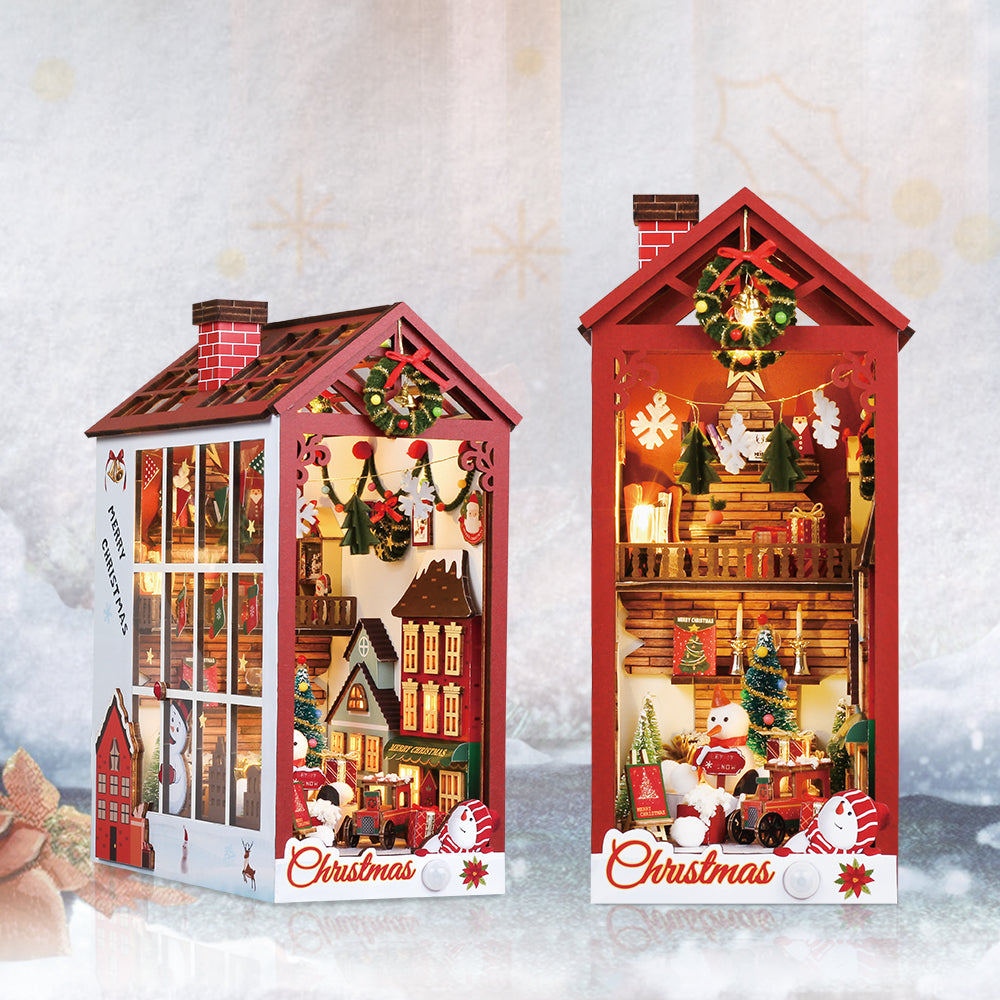 Red miniature Christmas book nook shelf insert with festive ornaments and lighted display