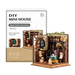 DIY miniature house kit packaging with labeled front panel and built miniature room inside