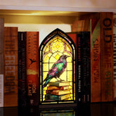 Arched book nook with glowing stained-glass raven perched on stacked books