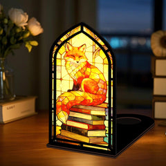 Arched fox book nook displaying stacked books with warm glowing center light