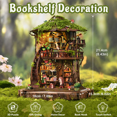 Treehouse bookshelf decoration diorama with moss roof, tiny figures, and lit shelves