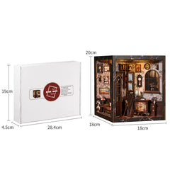 Miniature musical instrument display box set showing folded packaging and assembled box dimensions