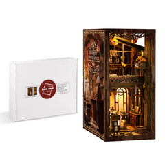 DIY book nook kit with miniature coffee house model and a white packaging box