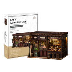 DIY mini house kit with boxed corner tavern model and front view of miniature