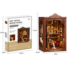 DIY mini book nook kit box showing Twilight Library miniature house front and side views