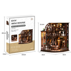 DIY mini house kit box showing a miniature wooden bookstore model with shelves