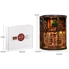Miniature book repository kit in rectangular box beside the wooden display case