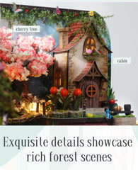 Miniature forest cabin diorama close-up with cherry tree blossoms and warm lantern glow
