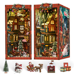 DIY book nook kit packaging with Christmas street corner panels and small accessories