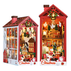Miniature Christmas book nook shelf insert set, red house design with trees, garlands, and lights