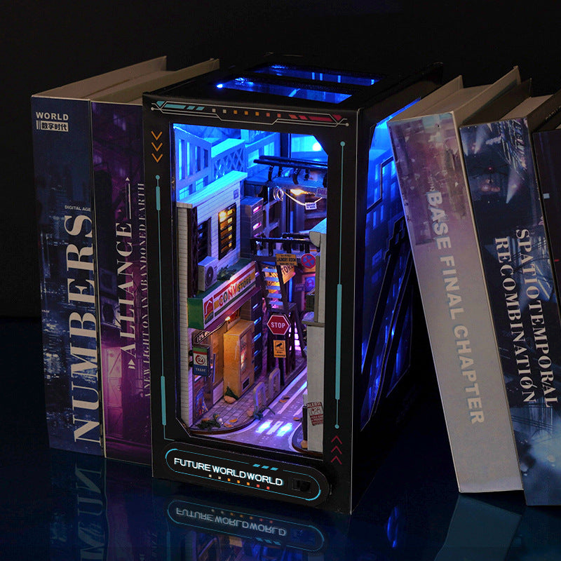 Cyberpunk city book nook kit box with glowing blue interior scene and miniature buildings