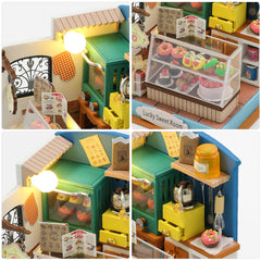 Miniature wooden sweet shop interior with working light glow and stacked dessert shelves