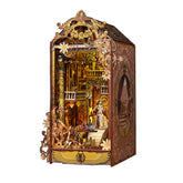 Ornate golden-brown wooden book nook miniature with open door and arched window