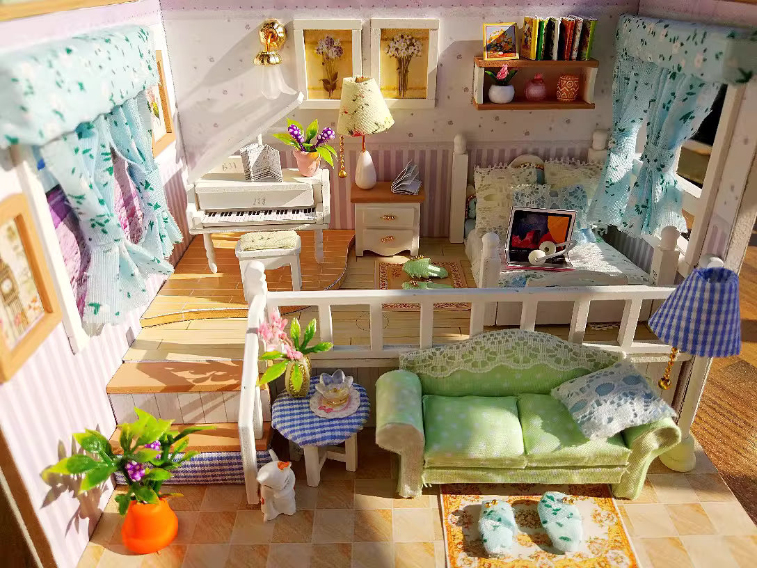 DIY Miniature Craft Kits: Cozy Home with lgiht (Modern Apartment Room, Piano Sofa, Wooden Puzzle Gift)