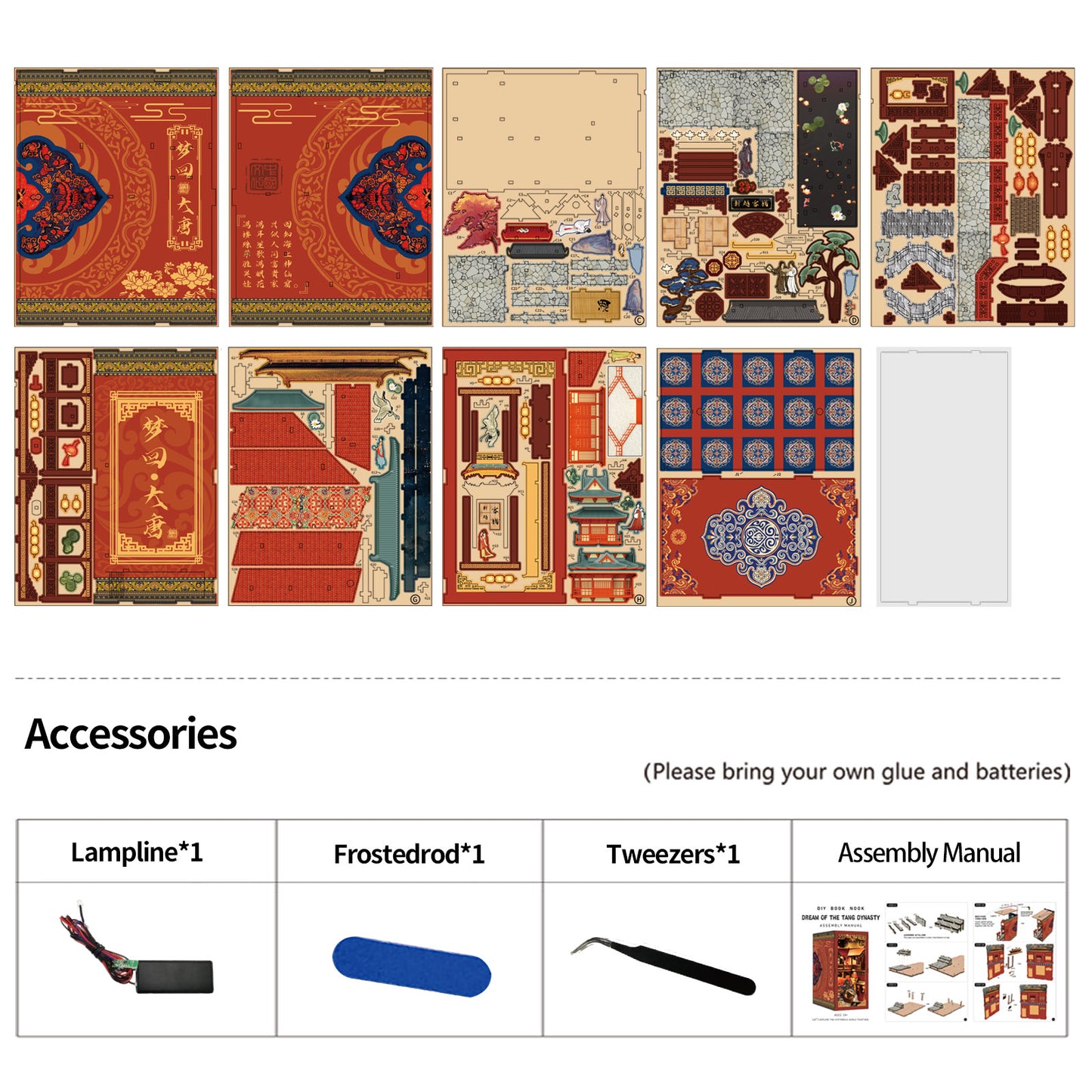 various accessories, including a lamp, a frosted rod, a pair of tweezers, and an assembly manual.