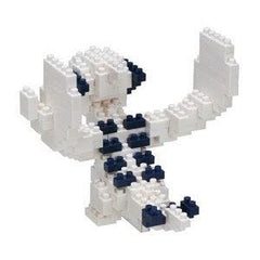 A white and blue LEGO dinosaur-shaped figure made up of numerous small LEGO bricks.