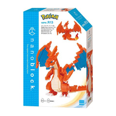 a Pokemon-themed packaging for a Nanoblock set. The packaging is predominantly blue and white, with the Pokemon logo prominently displayed. The packaging includes a detailed image of the Nanoblock set, which is a building block toy designed to resemble the popular Pokémon character Charizard.