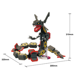 A detailed 3D model of a LEGO snake toy, with various LEGO pieces attached to it. The snake is posed in a dynamic, action-like manner, with its head and body oriented towards the right side of the image. The LEGO pieces are arranged in a way that gives the snake a sense of movement and life. The image is approximately 210mm in width and 200mm in height.
