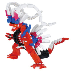 A colorful and intricate LEGO dinosaur-like figure composed of various LEGO bricks in red, white, and blue colors.