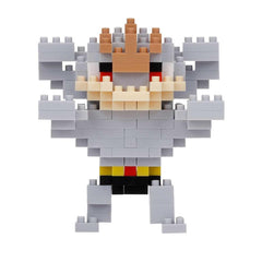 A pixelated toy figure made up of various gray and brown blocks, resembling a character or monster.