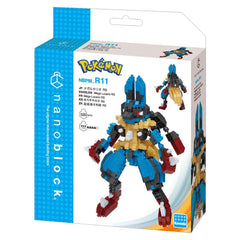 a Pokemon-themed building block set called "Pokemon R11" from the brand "mano block". The packaging is predominantly blue and white, with the Pokemon logo prominently displayed. The packaging also includes images of the building blocks themselves, showcasing the various pieces that can be assembled to create the Pokemon characters.
