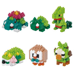 six different pixel art characters, including a flower, a turtle, a dinosaur, a bird, a fish, and a frog.