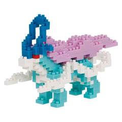 A colorful, pixelated toy resembling a dragon or mythical creature, composed of various blocks in shades of blue, pink, and white.