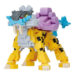 A colorful and intricate LEGO figure resembling a dinosaur or monster, composed of numerous small bricks in various colors and shapes.