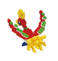 A colorful, 3D-built toy resembling a bird or phoenix, composed of various colored building blocks.