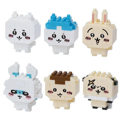 six cute, cartoon-like building block figures with large eyes and smiling faces, arranged in two rows of three.