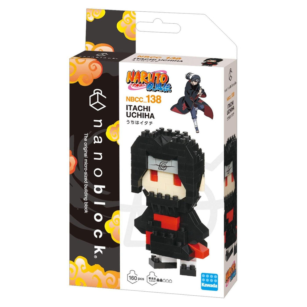 a box containing a miniature figurine of a character from the popular animated series "Naruto". The figurine is a black and red character with a distinctive hairstyle, and it is part of a set of building blocks designed for fans of the series.