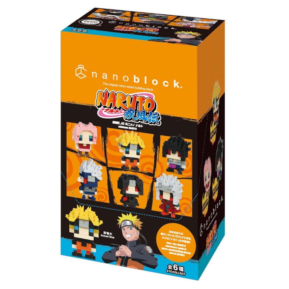 The image is a box containing a set of miniature figurines, likely representing characters from the popular animated series "Naruto". The figurines are arranged in a grid-like pattern, with each one depicting a different character from the series. The box is predominantly orange and black in color, with the characters' faces and outfits clearly visible. The text on the box indicates that these are "NANOBLOCK" figurines, and that they are "Actual Size" and "