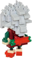 A toy figurine composed of numerous small white and red building blocks, creating a unique and intricate design.