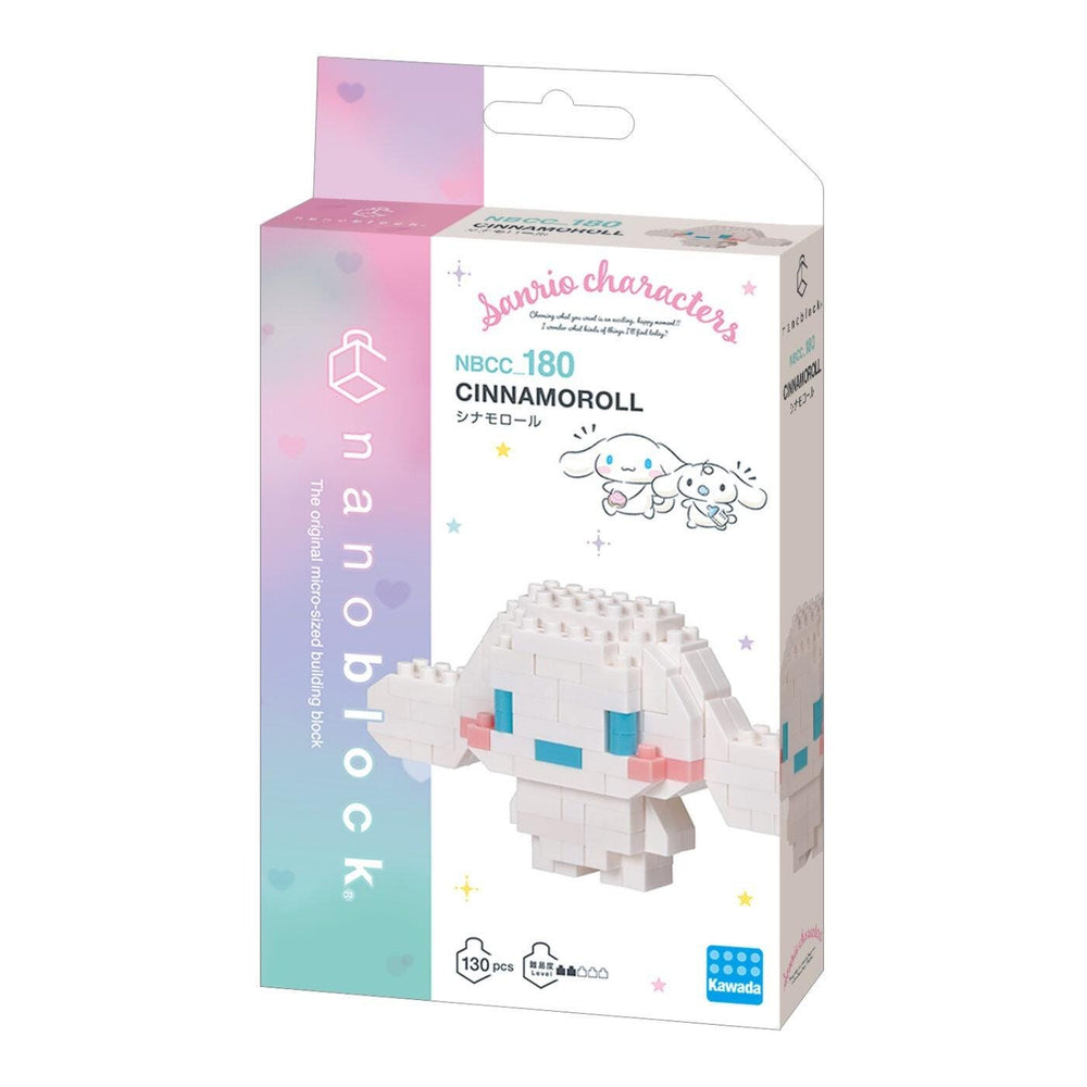 a box for a "Cinnamoroll" building block toy, which is a small, white, and colorful character.