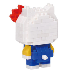 A Hello Kitty building block figure made of white and blue blocks.