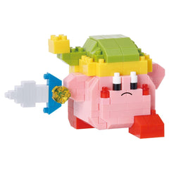A pink and green toy figurine with a sad expression, made up of various colorful building blocks.